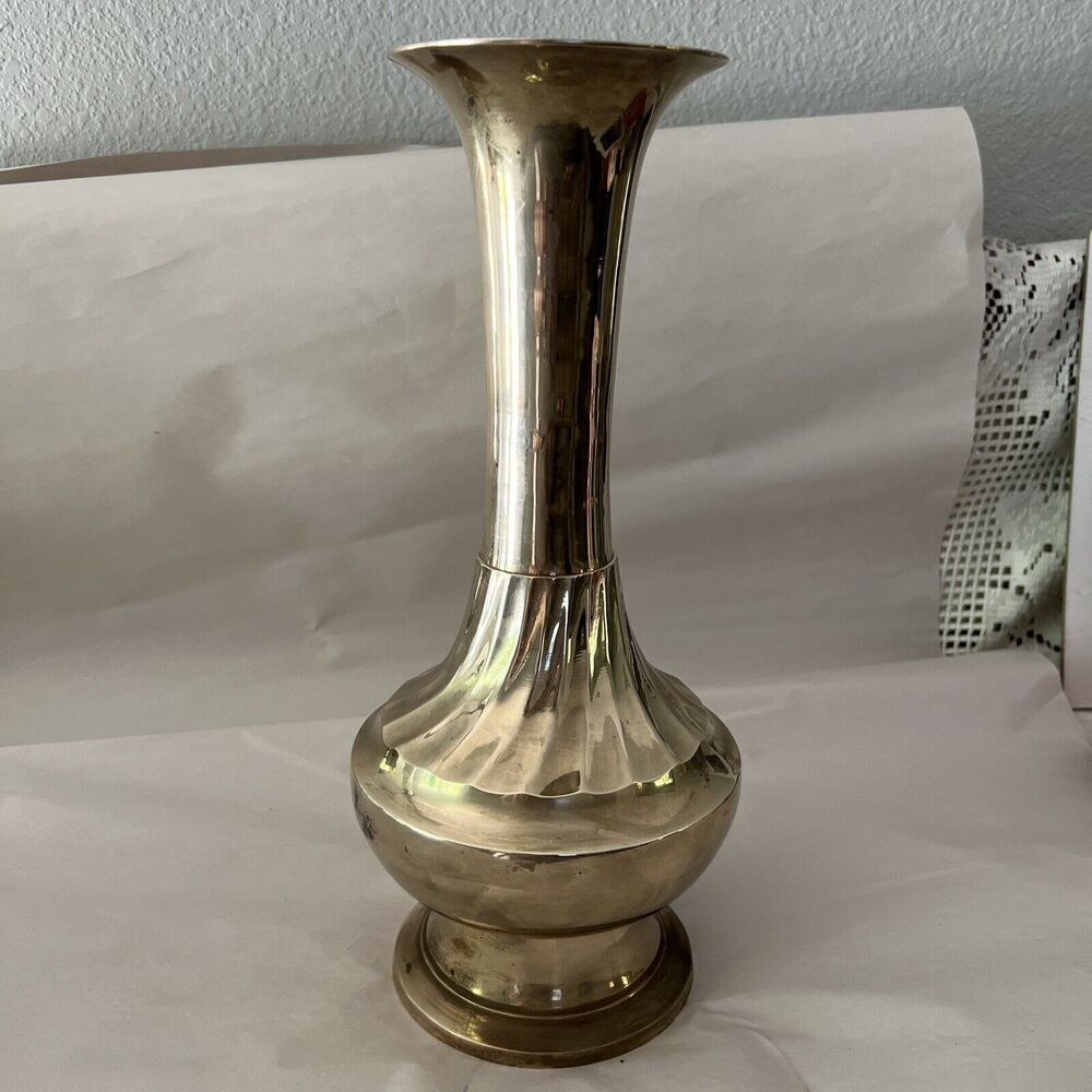 100% Brass Trumpet Vase 12 3/4-Inches Tall Made in India Vintage